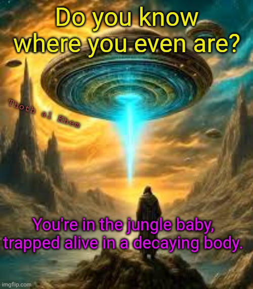 Welcome to the jungle | Do you know where you even are? Thoth al Khem; You're in the jungle baby, trapped alive in a decaying body. | image tagged in earth hell,trapped alive in a decaying body,welcome to the jungle,welcome to hell,prison planet earth | made w/ Imgflip meme maker