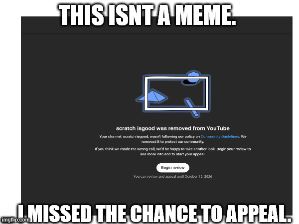 this isnt a meme. fun stream please allow this in, i know it probably breaks rules but its a sad day for me. | THIS ISNT A MEME. ... I MISSED THE CHANCE TO APPEAL. | image tagged in sad | made w/ Imgflip meme maker