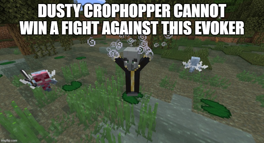 Evoker Summoning Vexes | DUSTY CROPHOPPER CANNOT WIN A FIGHT AGAINST THIS EVOKER | image tagged in evoker summoning vexes | made w/ Imgflip meme maker