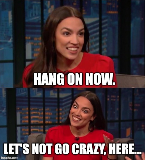 HANG ON NOW. LET'S NOT GO CRAZY, HERE... | image tagged in bad pun aoc | made w/ Imgflip meme maker