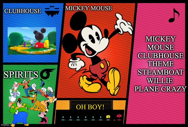 Mickey Mouse smash bros | CLUBHOUSE; MICKEY MOUSE CLUBHOUSE THEME
STEAMBOAT WILLIE 
PLANE CRAZY; MICKEY MOUSE; SPIRITS; OH BOY! | image tagged in smash ultimate dlc fighter profile | made w/ Imgflip meme maker