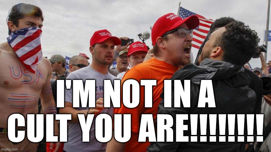 Angry Red Cap | I'M NOT IN A CULT YOU ARE!!!!!!!! | image tagged in angry red cap | made w/ Imgflip meme maker