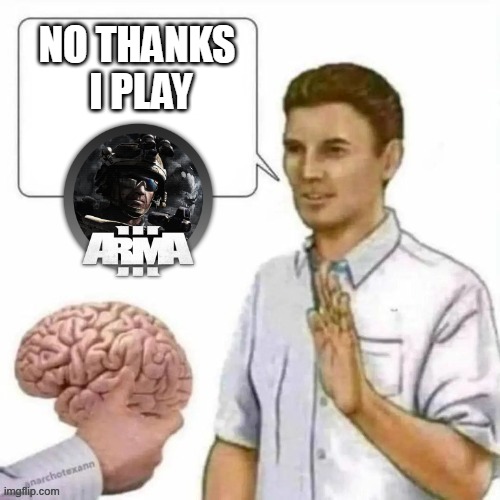no thanks i play arma | NO THANKS 
I PLAY | image tagged in no thanks brain | made w/ Imgflip meme maker