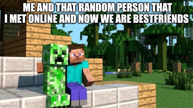 Online freind | ME AND THAT RANDOM PERSON THAT I MET ONLINE AND NOW WE ARE BESTFRIENDS | image tagged in minecraft friendship | made w/ Imgflip meme maker
