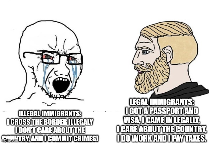 Legal Migrants > Illegal Migrants | LEGAL IMMIGRANTS: I GOT A PASSPORT AND VISA, I CAME IN LEGALLY, I CARE ABOUT THE COUNTRY, I DO WORK AND I PAY TAXES. ILLEGAL IMMIGRANTS: I CROSS THE BORDER ILLEGALY I DON'T CARE ABOUT THE COUNTRY, AND I COMMIT CRIMES! | image tagged in soyboy vs yes chad | made w/ Imgflip meme maker