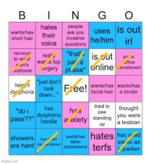 i find it funny to do bingos of both sides as a non binary person | image tagged in trans male bingo | made w/ Imgflip meme maker