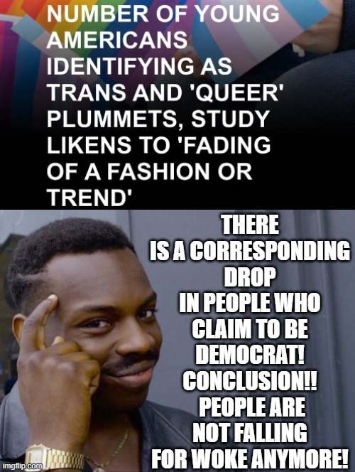 Woke fading away! | THERE IS A CORRESPONDING DROP IN PEOPLE WHO CLAIM TO BE DEMOCRAT! CONCLUSION!!  PEOPLE ARE NOT FALLING FOR WOKE ANYMORE! | image tagged in woke | made w/ Imgflip meme maker
