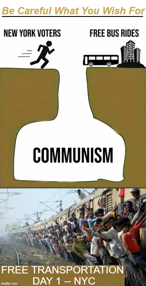 "I'll do anything for free stuff" says the Democrat voter. BUT it comes with a price.... | ____________________________; Be Careful What You Wish For; FREE TRANSPORTATION 
DAY 1 -- NYC | image tagged in new york,free stuff,bad choices,pay attention,zohran mamdani,communism socialism | made w/ Imgflip meme maker