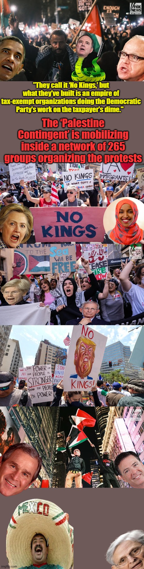 "They call it ‘No Kings,’ but what they’ve built is an empire of tax-exempt organizations doing the Democratic Party’s work on the taxpayer’s dime."; The ‘Palestine Contingent’ is mobilizing inside a network of 265 groups organizing the protests | made w/ Imgflip meme maker