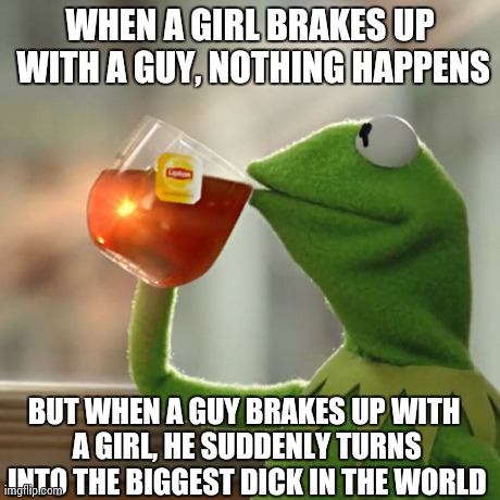 But That's None Of My Business | WHEN A GIRL BRAKES UP WITH A GUY, NOTHING HAPPENS BUT WHEN A GUY BRAKES UP WITH A GIRL, HE SUDDENLY TURNS INTO THE BIGGEST DICK IN THE WORLD | image tagged in memes,but thats none of my business,kermit the frog | made w/ Imgflip meme maker