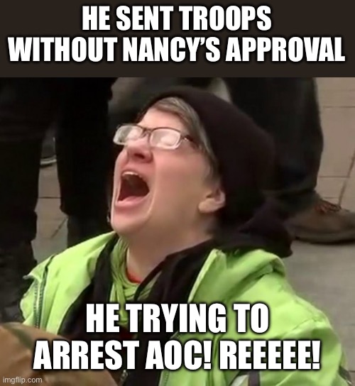 Crying Liberal | HE SENT TROOPS WITHOUT NANCY’S APPROVAL HE TRYING TO ARREST AOC! REEEEE! | image tagged in crying liberal | made w/ Imgflip meme maker