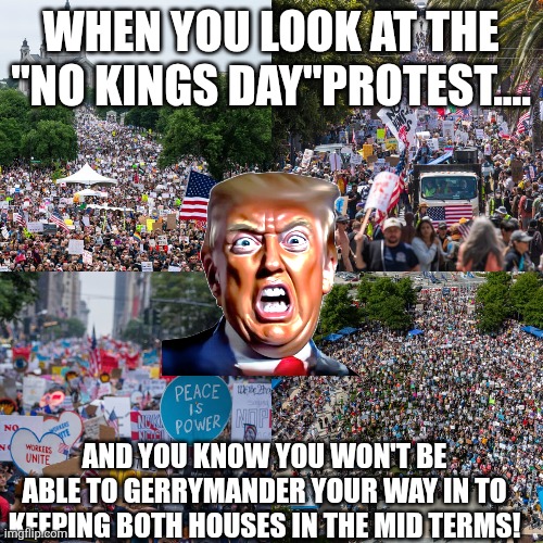 No kings day | WHEN YOU LOOK AT THE "NO KINGS DAY"PROTEST.... AND YOU KNOW YOU WON'T BE ABLE TO GERRYMANDER YOUR WAY IN TO KEEPING BOTH HOUSES IN THE MID TERMS! | image tagged in protests,donald trump,trump,maga,conservative,nevertrump | made w/ Imgflip meme maker