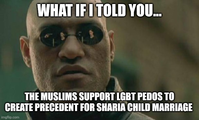 Matrix Morpheus | WHAT IF I TOLD YOU... THE MUSLIMS SUPPORT LGBT PEDOS TO CREATE PRECEDENT FOR SHARIA CHILD MARRIAGE | image tagged in memes,matrix morpheus,funny memes | made w/ Imgflip meme maker