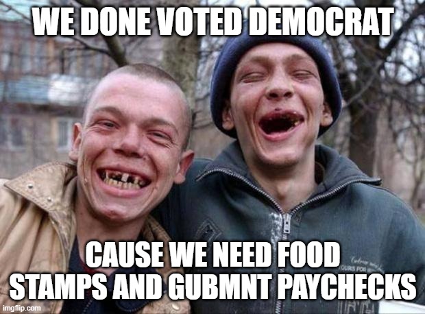 No teeth | WE DONE VOTED DEMOCRAT CAUSE WE NEED FOOD STAMPS AND GUBMNT PAYCHECKS | image tagged in no teeth | made w/ Imgflip meme maker