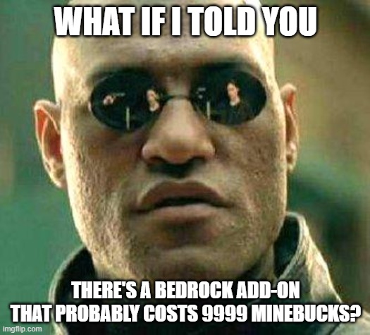 What if i told you | WHAT IF I TOLD YOU THERE'S A BEDROCK ADD-ON THAT PROBABLY COSTS 9999 MINEBUCKS? | image tagged in what if i told you | made w/ Imgflip meme maker