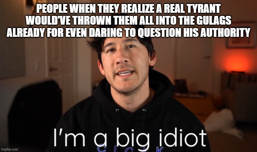 I'm a big idiot | PEOPLE WHEN THEY REALIZE A REAL TYRANT WOULD'VE THROWN THEM ALL INTO THE GULAGS ALREADY FOR EVEN DARING TO QUESTION HIS AUTHORITY | image tagged in i'm a big idiot | made w/ Imgflip meme maker
