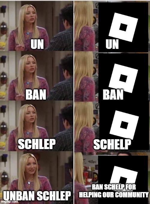 ROBLOX WHY | UN; UN; BAN; BAN; SCHLEP; SCHELP; BAN SCHELP FOR HELPING OUR COMMUNITY; UNBAN SCHLEP | image tagged in phoebe joey | made w/ Imgflip meme maker