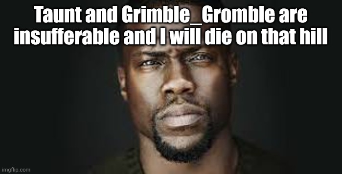 Kevin Hart Stare | Taunt and Grimble_Gromble are insufferable and I will die on that hill | image tagged in kevin hart stare | made w/ Imgflip meme maker