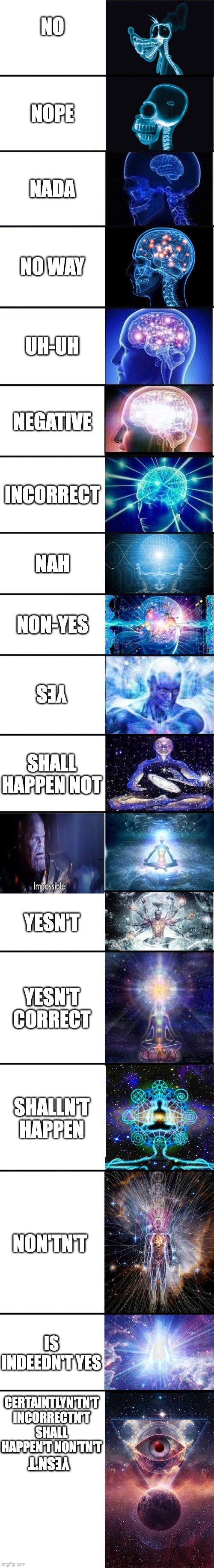 Ok yeah I need serious therapy | NO; NOPE; NADA; NO WAY; UH-UH; NEGATIVE; INCORRECT; NAH; NON-YES; YES; SHALL HAPPEN NOT; YESN'T; YESN'T CORRECT; SHALLN'T HAPPEN; NON'TN'T; IS INDEEDN'T YES; CERTAINTLYN'TN'T INCORRECTN'T SHALL HAPPEN'T NON'TN'T; YESN'T | image tagged in expanding brain 9001 | made w/ Imgflip meme maker