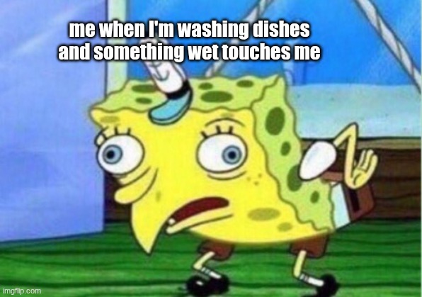 washing dishes be like | me when I'm washing dishes and something wet touches me | image tagged in memes,mocking spongebob,dishes | made w/ Imgflip meme maker