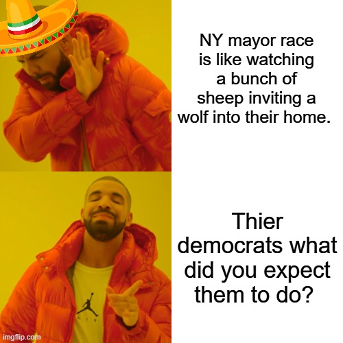 They'll be sorry. His grinning all the time is the giveaway. | NY mayor race is like watching a bunch of sheep inviting a wolf into their home. Thier democrats what did you expect them to do? | image tagged in memes,drake hotline bling | made w/ Imgflip meme maker
