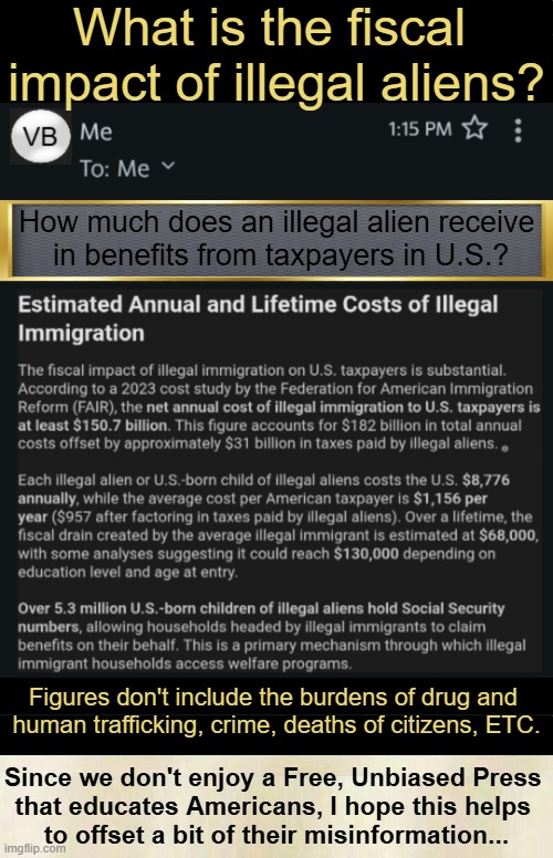 The Bottom Line | What is the fiscal 
impact of illegal aliens? How much does an illegal alien receive 
in benefits from taxpayers in U.S.? Figures don't include the burdens of drug and 
human trafficking, crime, deaths of citizens, ETC. Since we don't enjoy a Free, Unbiased Press 
that educates Americans, I hope this helps 
to offset a bit of their misinformation... | image tagged in illegal invasion,america,costs,the truth,illegal aliens,wait that's illegal | made w/ Imgflip meme maker