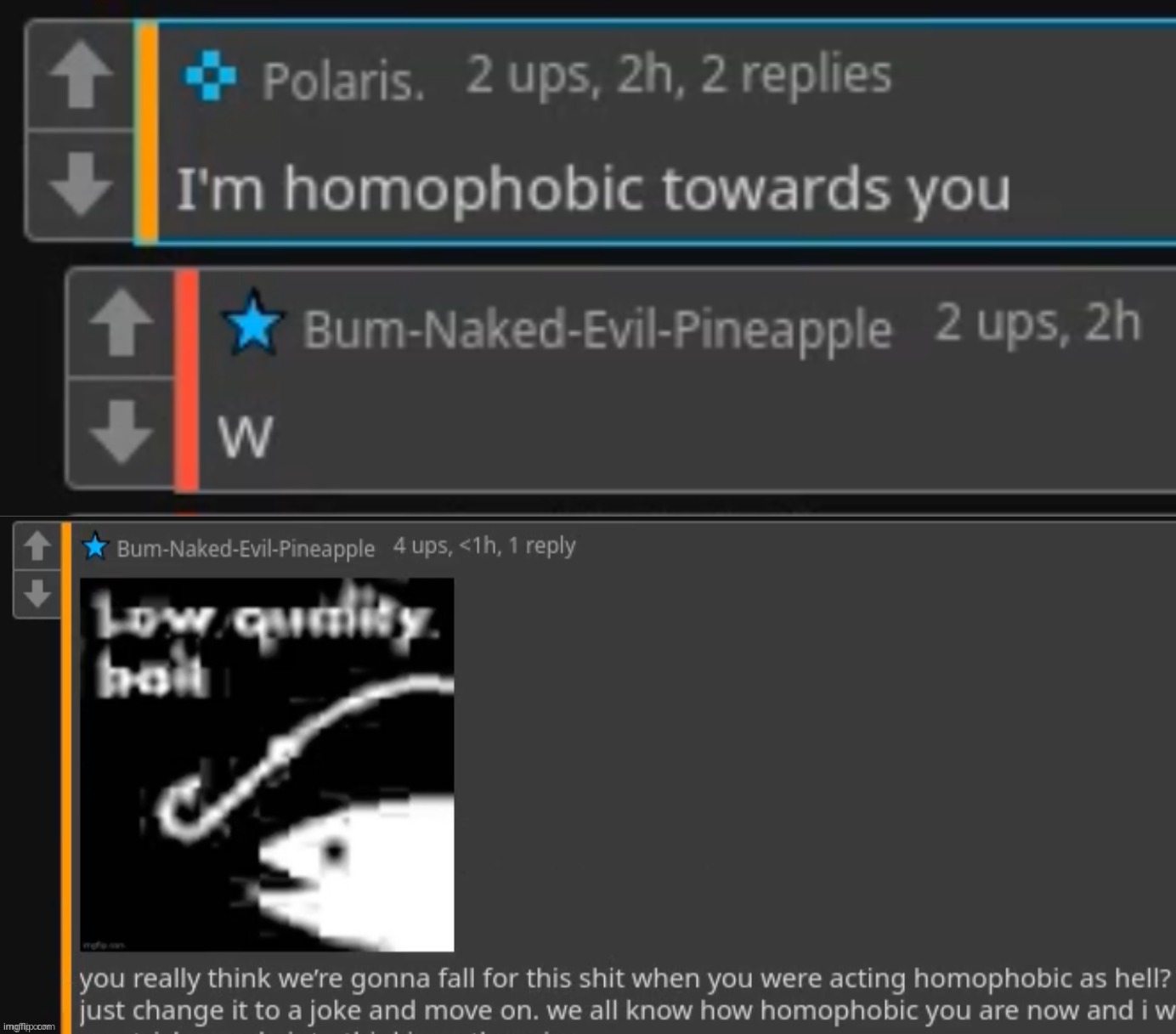 Proof that bum-naked-evil-pineapple (Toady alt) is virtue signalling and doesn't actually care about homophobia | made w/ Imgflip meme maker