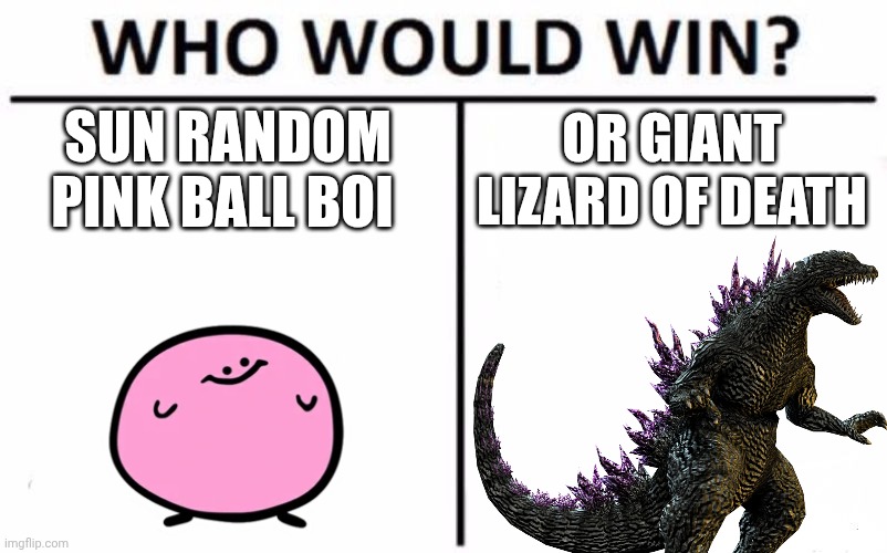 Who Would Win? Meme | SUN RANDOM PINK BALL BOI; OR GIANT LIZARD OF DEATH | image tagged in memes,who would win | made w/ Imgflip meme maker