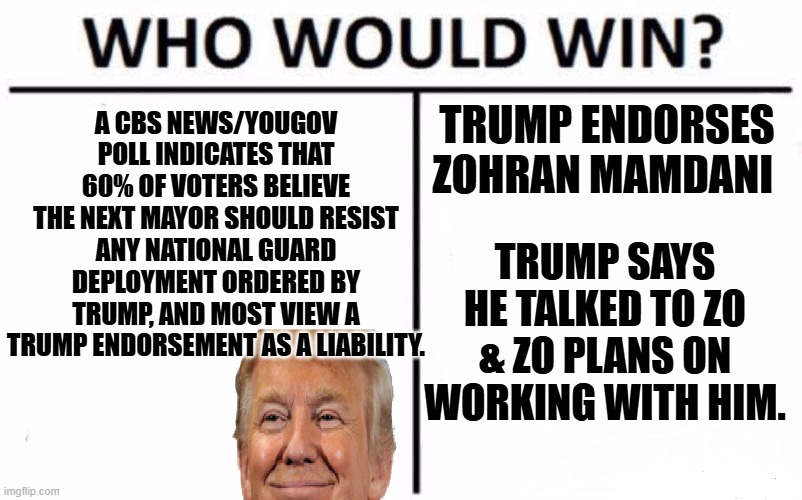 Engage the TDS | A CBS NEWS/YOUGOV POLL INDICATES THAT 60% OF VOTERS BELIEVE THE NEXT MAYOR SHOULD RESIST ANY NATIONAL GUARD DEPLOYMENT ORDERED BY TRUMP, AND MOST VIEW A TRUMP ENDORSEMENT AS A LIABILITY. TRUMP ENDORSES ZOHRAN MAMDANI; TRUMP SAYS HE TALKED TO ZO & ZO PLANS ON WORKING WITH HIM. | image tagged in memes,who would win | made w/ Imgflip meme maker