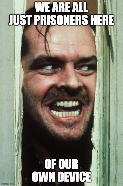 Here's Johnny Meme | WE ARE ALL JUST PRISONERS HERE; OF OUR OWN DEVICE | image tagged in memes,here's johnny | made w/ Imgflip meme maker