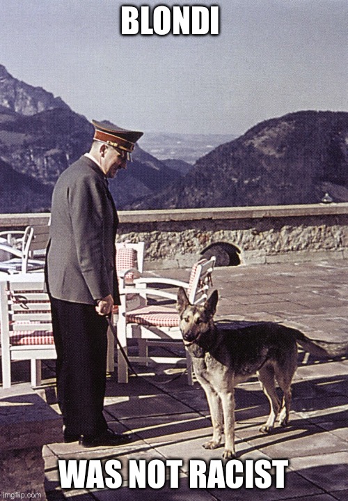 Blondi, Hitler’s Favourite Dog | BLONDI; WAS NOT RACIST | image tagged in hitler with dog,blondie,dog,german shepherd,racist | made w/ Imgflip meme maker