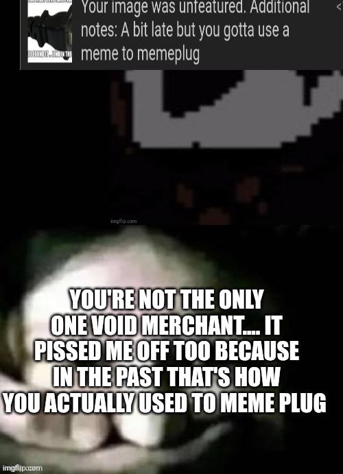 Was there a  rule change when I was gone? | YOU'RE NOT THE ONLY ONE VOID MERCHANT.... IT PISSED ME OFF TOO BECAUSE IN THE PAST THAT'S HOW YOU ACTUALLY USED TO MEME PLUG | image tagged in toaa shush | made w/ Imgflip meme maker