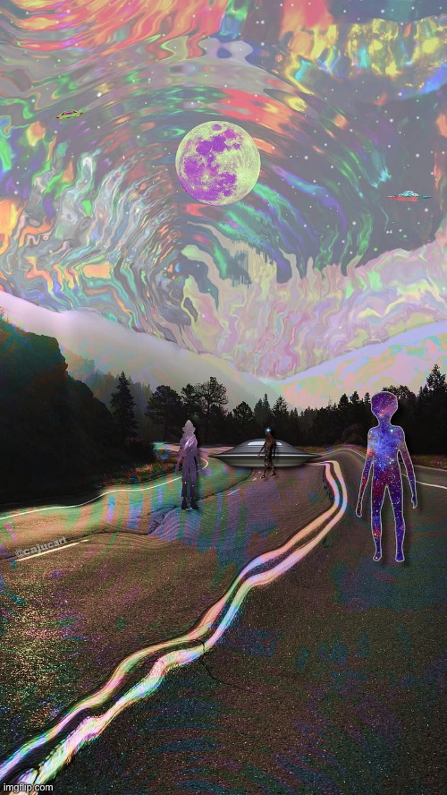 Trippy Warped Alien/UFO Sky | image tagged in trippy,art,ufo,sky,psychedelic,warpzone | made w/ Imgflip meme maker