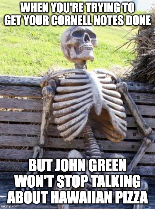 (John Green is the guy from Crash Course) | WHEN YOU'RE TRYING TO GET YOUR CORNELL NOTES DONE; BUT JOHN GREEN WON'T STOP TALKING ABOUT HAWAIIAN PIZZA | image tagged in memes,waiting skeleton | made w/ Imgflip meme maker