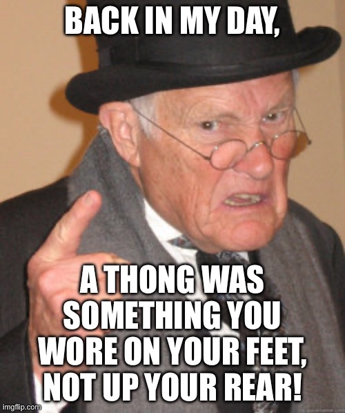 BACK IN MY DAY, A THONG WAS SOMETHING YOU WORE ON YOUR FEET | BACK IN MY DAY, A THONG WAS SOMETHING YOU WORE ON YOUR FEET, NOT UP YOUR REAR! | image tagged in memes,back in my day,thong,fashion,panties,big girl panties | made w/ Imgflip meme maker