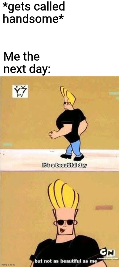 The dopamine hit afterwards is immaculate | *gets called handsome*; Me the next day: | image tagged in memes,johnny bravo,self esteem,self love,cartoon network,handsome | made w/ Imgflip meme maker