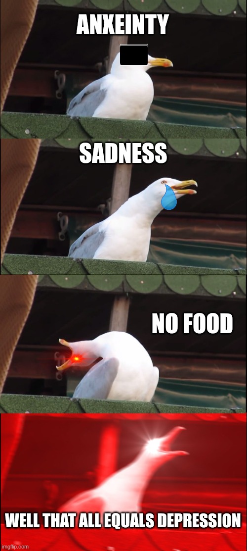 It's true..,right? | ANXEINTY; SADNESS; NO FOOD; WELL THAT ALL EQUALS DEPRESSION | image tagged in memes,inhaling seagull,depression,anxiety | made w/ Imgflip meme maker
