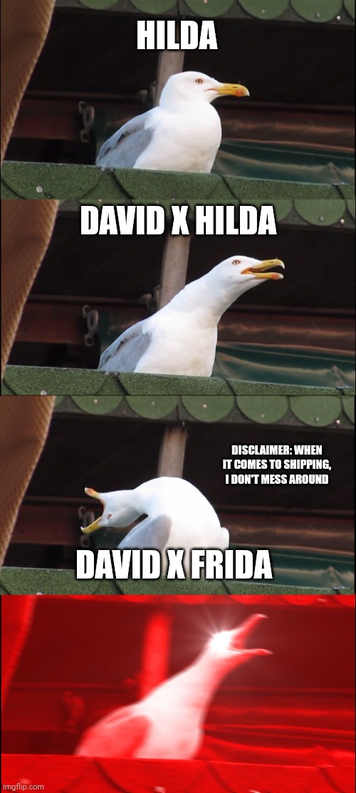Shipping Hilda characters be like | HILDA; DAVID X HILDA; DISCLAIMER: WHEN IT COMES TO SHIPPING, I DON'T MESS AROUND; DAVID X FRIDA | image tagged in memes,inhaling seagull | made w/ Imgflip meme maker