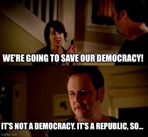 Jake from state farm | WE'RE GOING TO SAVE OUR DEMOCRACY! IT'S NOT A DEMOCRACY. IT'S A REPUBLIC, SO... | image tagged in jake from state farm | made w/ Imgflip meme maker