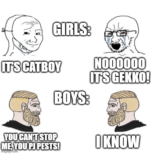 Are you a PJ Masks fan? | GIRLS:; NOOOOOO IT'S GEKKO! IT'S CATBOY; BOYS:; I KNOW; YOU CAN'T STOP ME, YOU PJ PESTS! | image tagged in chad we know,memes,funny | made w/ Imgflip meme maker