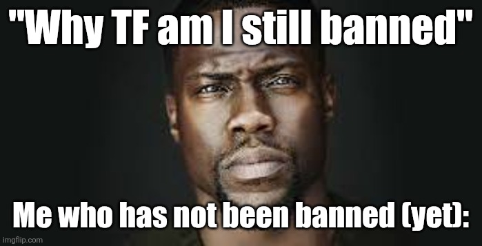 If I'm banned, I can wait it out lmao | "Why TF am I still banned"; Me who has not been banned (yet): | image tagged in kevin hart stare | made w/ Imgflip meme maker