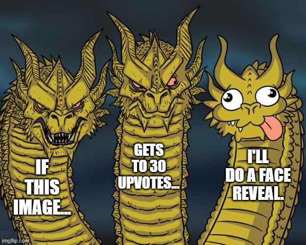 Three-headed Dragon | GETS TO 30 UPVOTES... I'LL DO A FACE REVEAL. IF THIS IMAGE... | image tagged in three-headed dragon | made w/ Imgflip meme maker