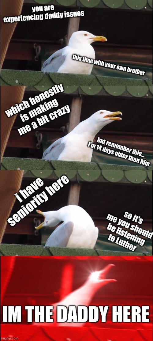 Inhaling Seagull Meme | you are experiencing daddy issues; this time with your own brother; which honestly is making me a bit crazy; but remember this... I'm 14 days older than him; i have seniority here; so it's me you should be listening to Luther; IM THE DADDY HERE | image tagged in memes,inhaling seagull | made w/ Imgflip meme maker