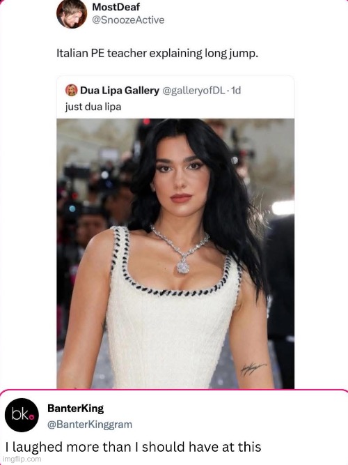 Long Jump | image tagged in jump,dua lipa,eyeroll | made w/ Imgflip meme maker