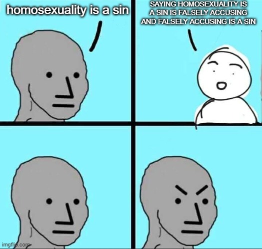 NPC Meme | SAYING HOMOSEXUALITY IS A SIN IS FALSELY ACCUSING AND FALSELY ACCUSING IS A SIN; homosexuality is a sin | image tagged in npc meme,christian,homosexuality,based,sin | made w/ Imgflip meme maker