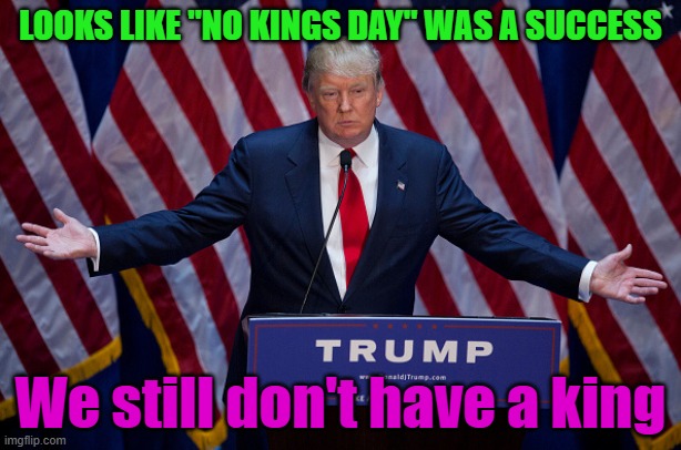 No Kings | LOOKS LIKE "NO KINGS DAY" WAS A SUCCESS; We still don't have a king | image tagged in donald trump,republican,democrats,funny memes,retarded liberal protesters,comedy | made w/ Imgflip meme maker