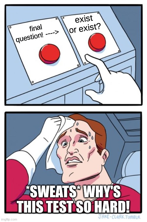 Two Buttons Meme | exist or exist? final question! ---->; *SWEATS* WHY'S THIS TEST SO HARD! | image tagged in memes,two buttons | made w/ Imgflip meme maker