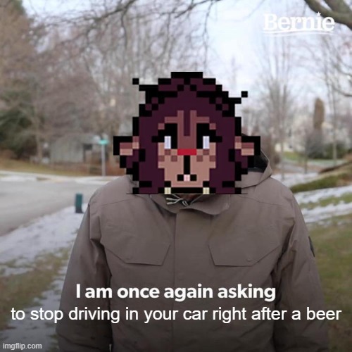 Bernie I Am Once Again Asking For Your Support | to stop driving in your car right after a beer | image tagged in memes,bernie i am once again asking for your support | made w/ Imgflip meme maker
