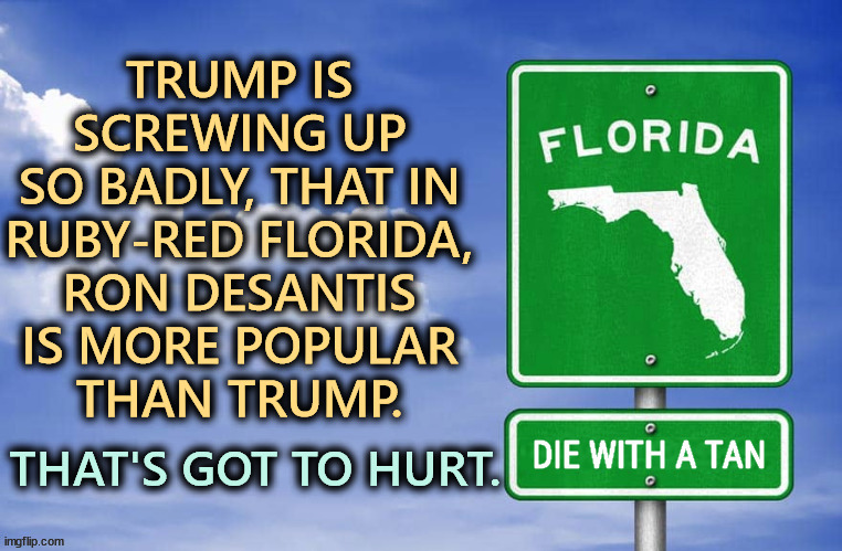 TRUMP IS 
SCREWING UP 
SO BADLY, THAT IN 
RUBY-RED FLORIDA, 
RON DESANTIS 
IS MORE POPULAR 
THAN TRUMP. THAT'S GOT TO HURT. | image tagged in florida,trump,incompetence,ron desantis,unpopular,disaster | made w/ Imgflip meme maker