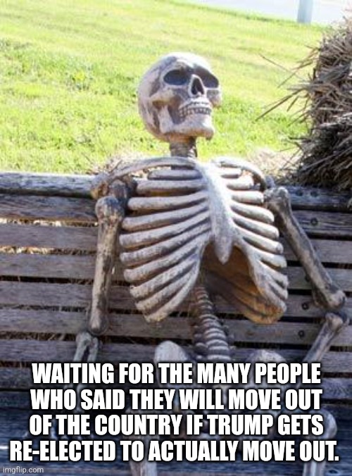 Waiting Skeleton Meme | WAITING FOR THE MANY PEOPLE WHO SAID THEY WILL MOVE OUT OF THE COUNTRY IF TRUMP GETS RE-ELECTED TO ACTUALLY MOVE OUT. | image tagged in memes,waiting skeleton | made w/ Imgflip meme maker